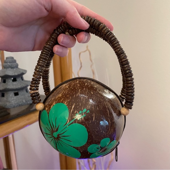 90s Hawaiian Coconut Purse Mini Handbag Clutch Puka Shell - Picture 4 of 9